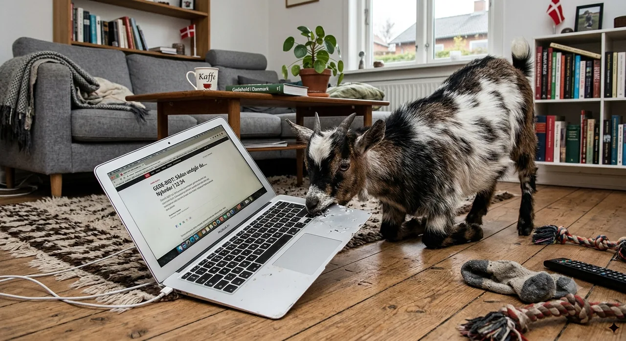 En ged gnaver i en bærbar computer i en dansk stue – med glimt i øjet: er der gået ged i computeren?