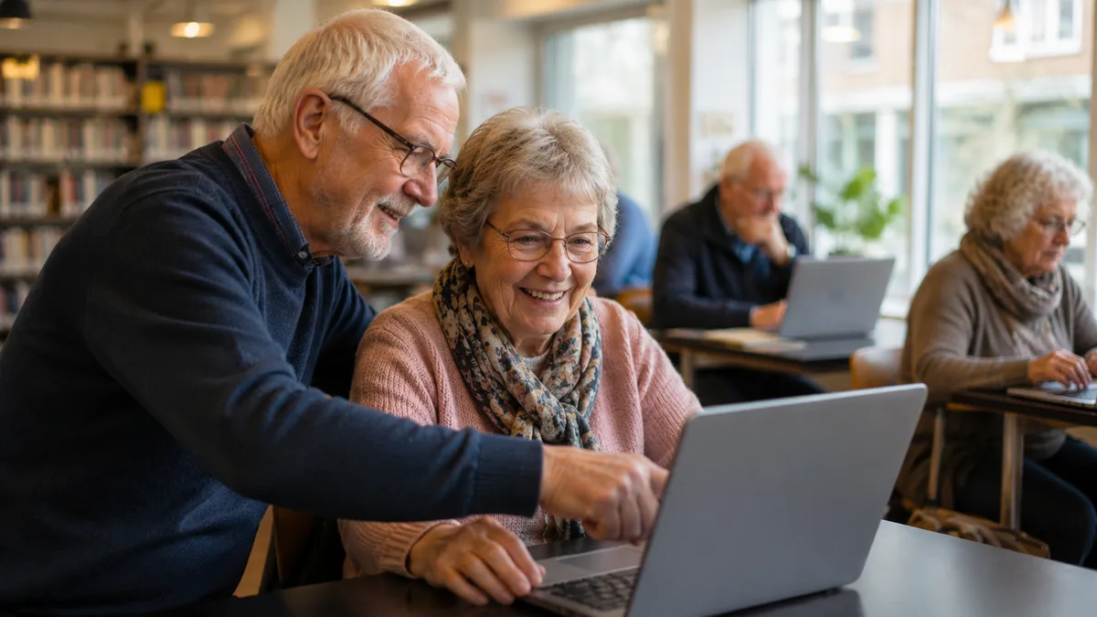 Frivillig hjælper en ældre kvinde med computeren i en lys IT-café på biblioteket