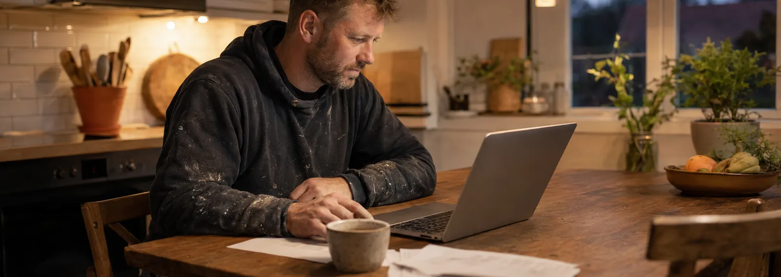 Håndværker sidder med bærbar computer og papirer efter arbejdsdagen