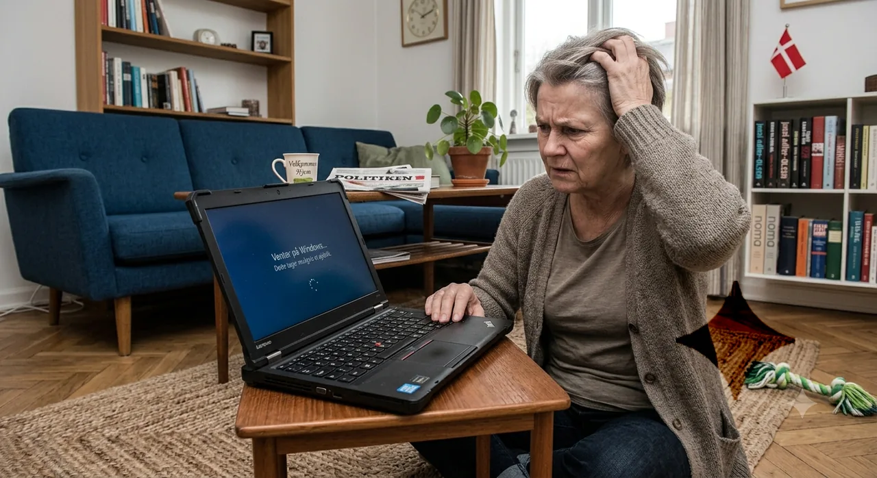 Ældre kvinde i sin stue kigger frustreret på en bærbar computer, der er gået i stå på en 'Venter på Windows'-skærm